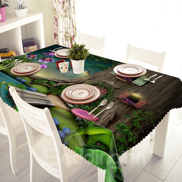 Green Polyester Log Cabin Pattern 3D Tablecloth