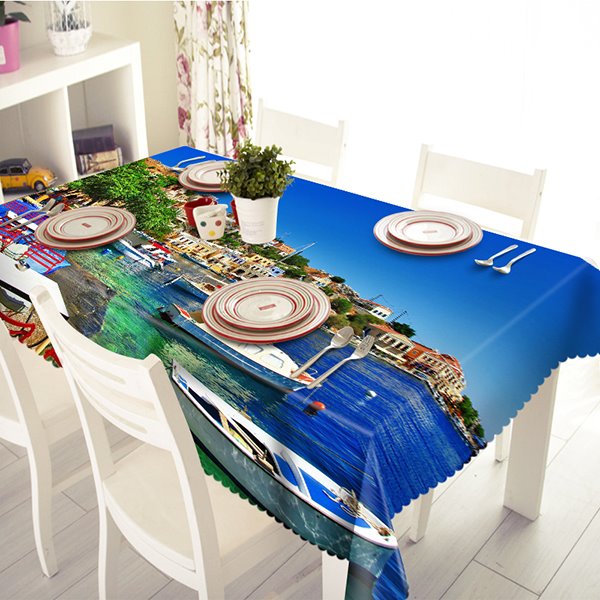Dark Blue Ocean and Boat Pattern 3D Tablecloth
