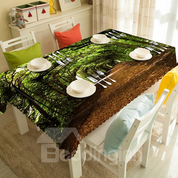 3D-Tischdecke mit grünem, schattigem Baum- und Pfadmuster