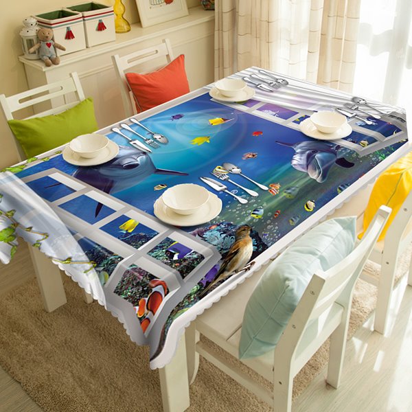 Blue Whale and Fish Ocean Window Pattern 3D Tablecloth
