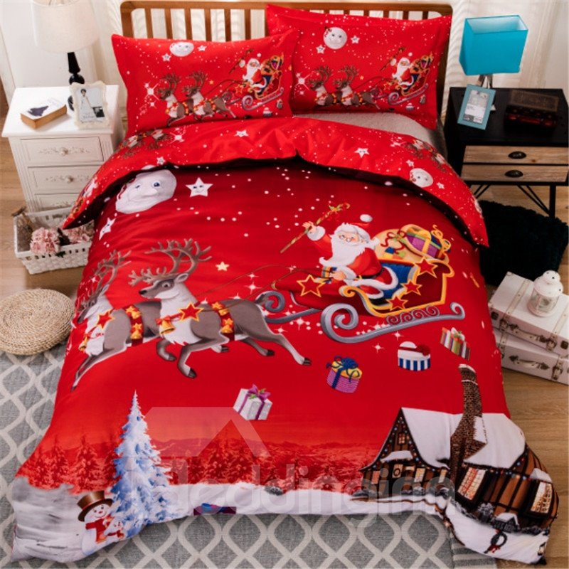Ropa de cama de Navidad roja Papá Noel viene a dar regalos Juego de edredón de 5 piezas impreso en 3D / Juego de cama de poliéster suave Regalo de Año Nuevo