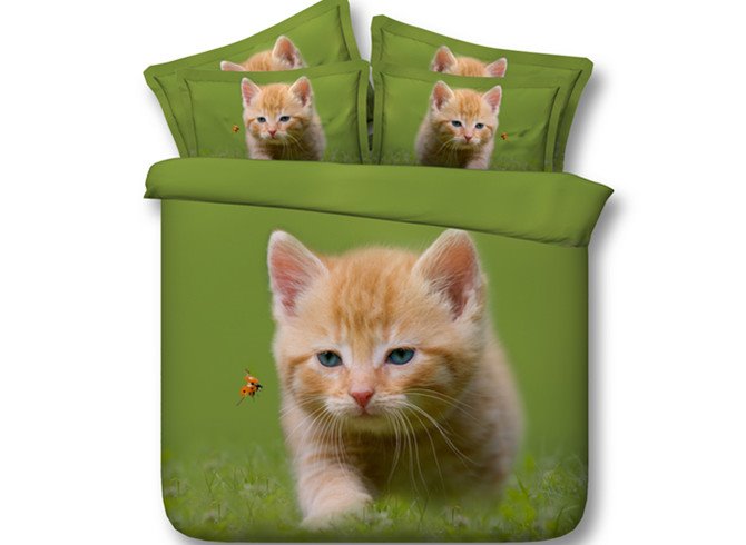 Cat and Ladybird Printed Polyester 4-Piece Green 3D Bedding Sets/Duvet Covers