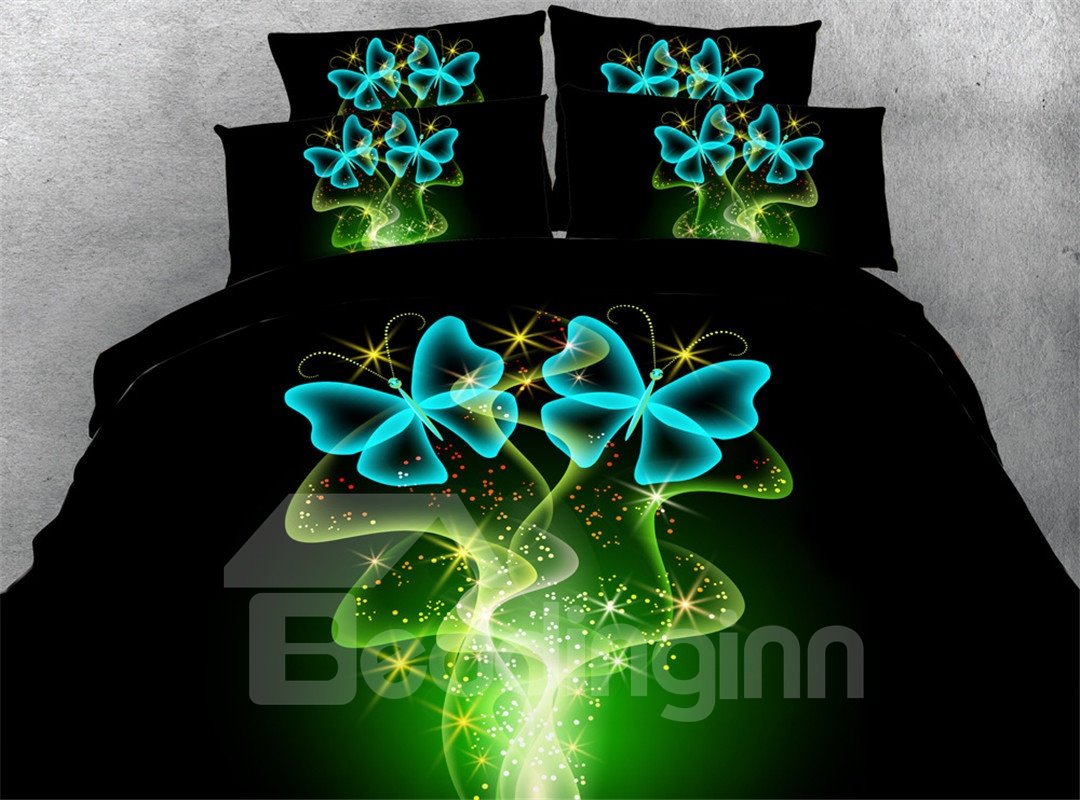 Juego de cama/funda nórdica de 4 piezas con estampado de mariposas azules de ensueño, color negro
