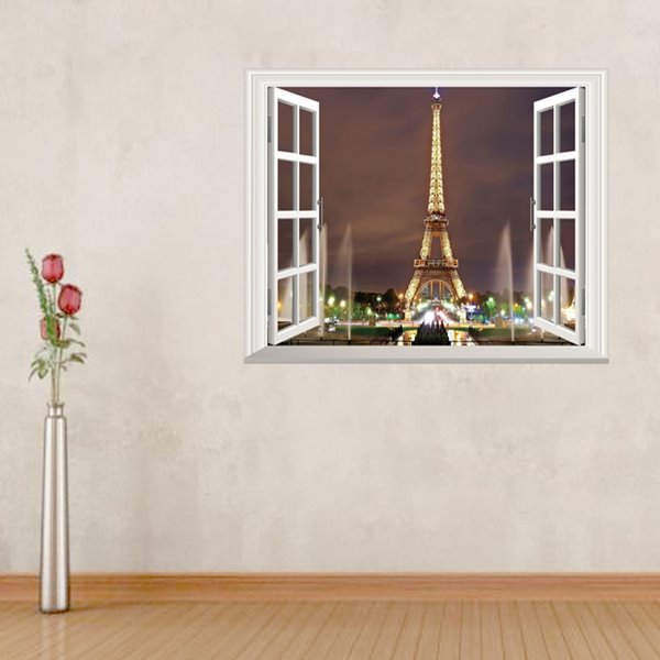 Divertidas pegatinas de pared removibles con paisaje de ventana con patrón de Torre Eiffel