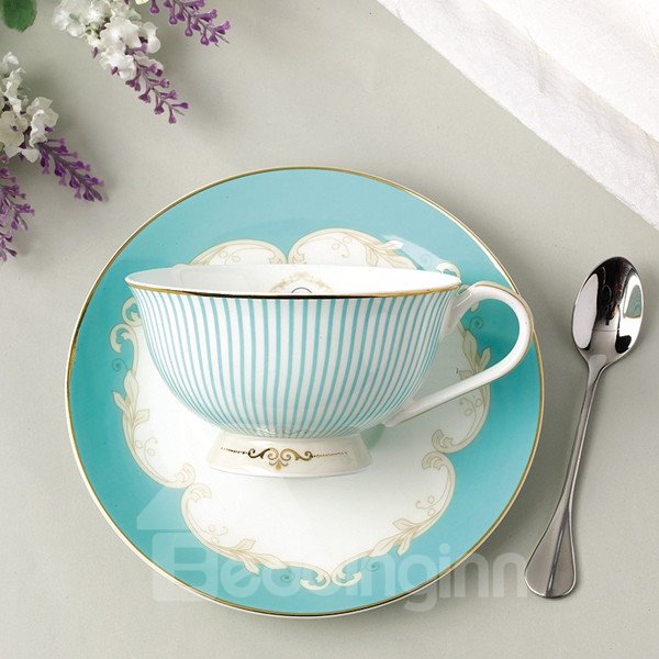 Juegos de tazas de café con patrón de rayas de cerámica azul fresco