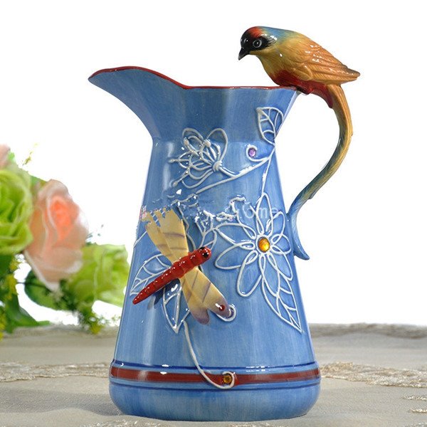Blaue Keramik-Blumenvase mit Libellen- und Vogelmuster, bemalte Keramik