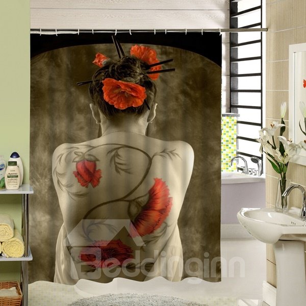 Una chica con tatuajes de flores rojas en la espalda, decoración de baño 3D, cortina de ducha
