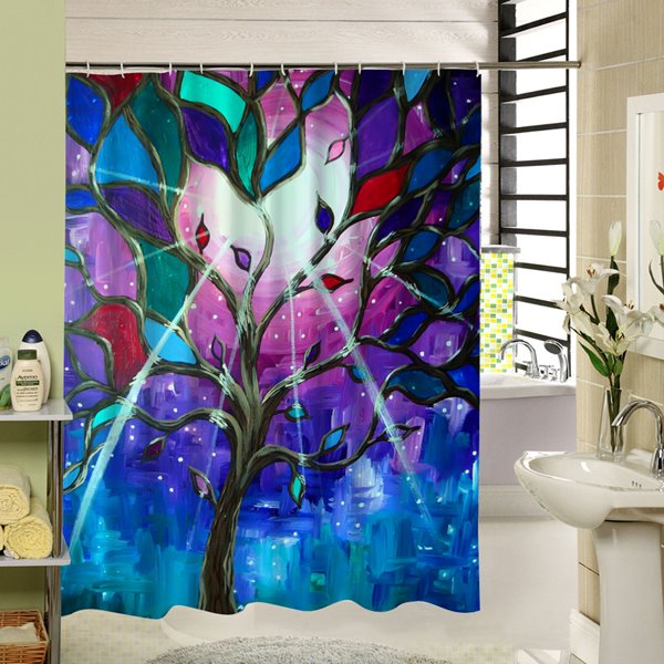 Wunderschöner 3D-Duschvorhang mit Baum und farbigen Blättern