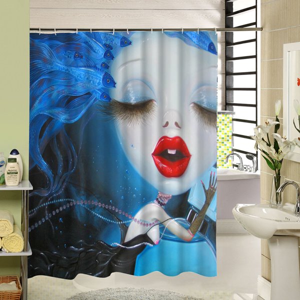 Cortina de ducha impermeable 3D con estampado de labios rojos de chica extraña de dibujos animados