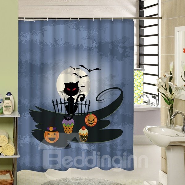 Cortina de ducha con impresión 3D de cartel de Halloween con linternas de calabaza y gato negro sombrío en la noche