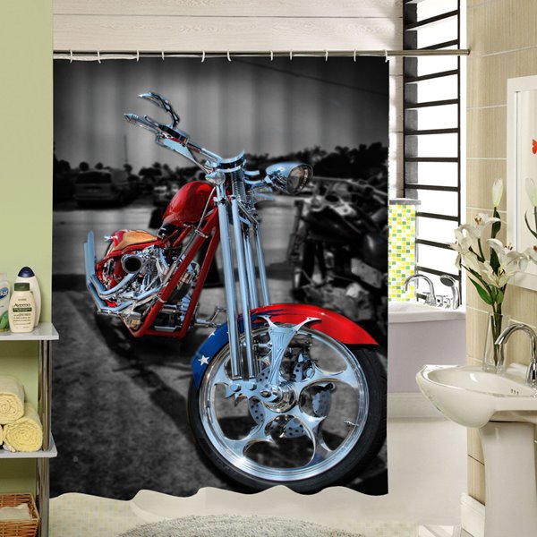 Cortina de ducha impermeable 3D con impresión de motocicleta roja fresca