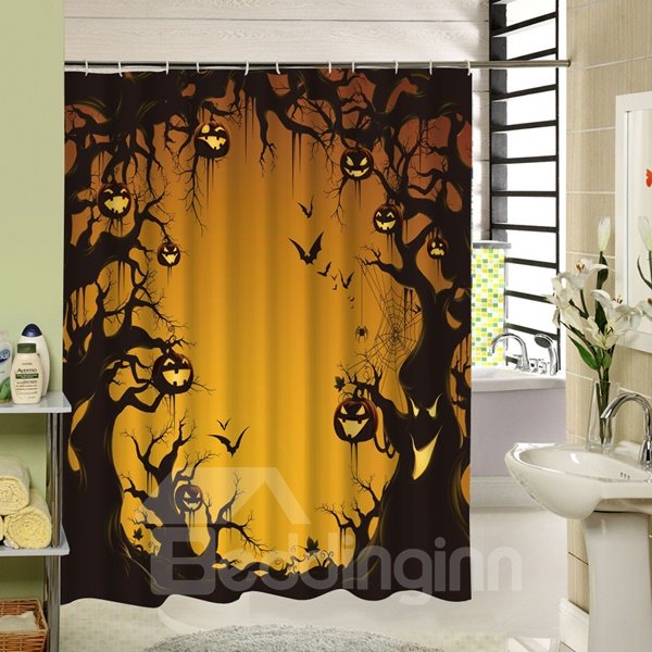 Cortina de ducha con impresión 3D de carteles de Halloween con linternas de calabaza y árboles aterradores