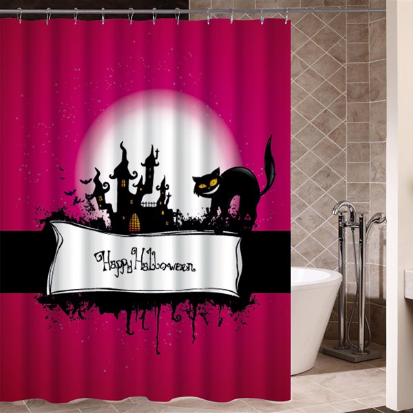 Ein Halloween-Themen-3D-Duschvorhang mit Aufdruck „Schwarze Katze und düsteres Schloss“.