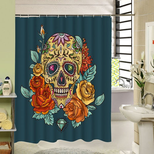 3D Skulls and Flowers Printed Polyester Green Shower Curtain