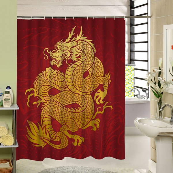 Potente cortina de ducha impermeable para baño con estampado de dragón dorado