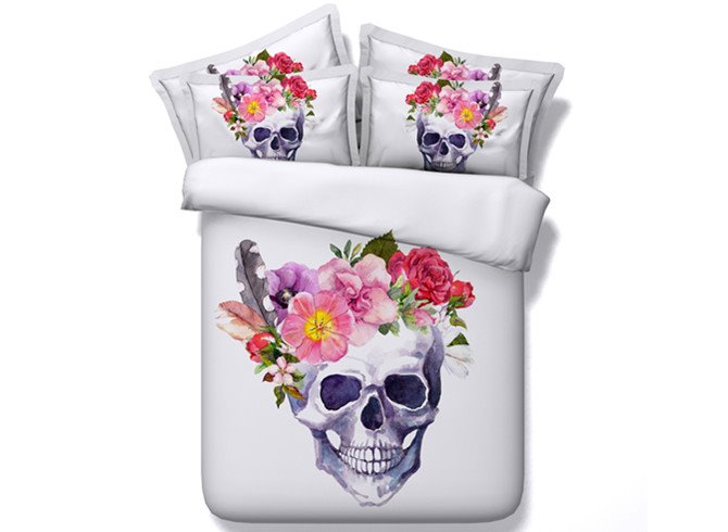 Blühende Blumen und Totenkopf bedrucktes 3D-4-teiliges weißes Polyester-Bettwäsche-Set/Bettbezüge