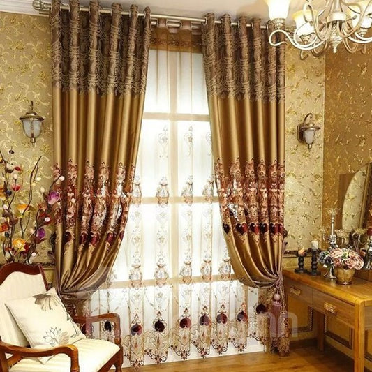 Cortina transparente personalizada dorada de lujo Noble con bordado decorativo ventilado para sala de estar y dormitorio