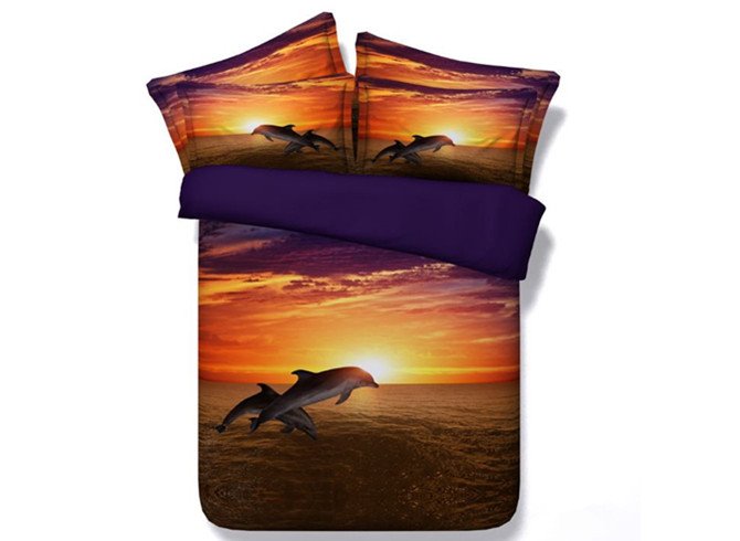 Springender Delphin bei Sonnenuntergang, bedrucktes Polyester, 4-teilig, 3D-Bettwäsche-Sets/Bettbezüge