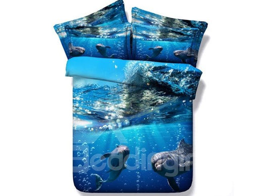 3D-Delphin unter dem Meer bedrucktes blaues 5-teiliges Bettdecken-Set/Bettwäsche-Set aus Polyester 