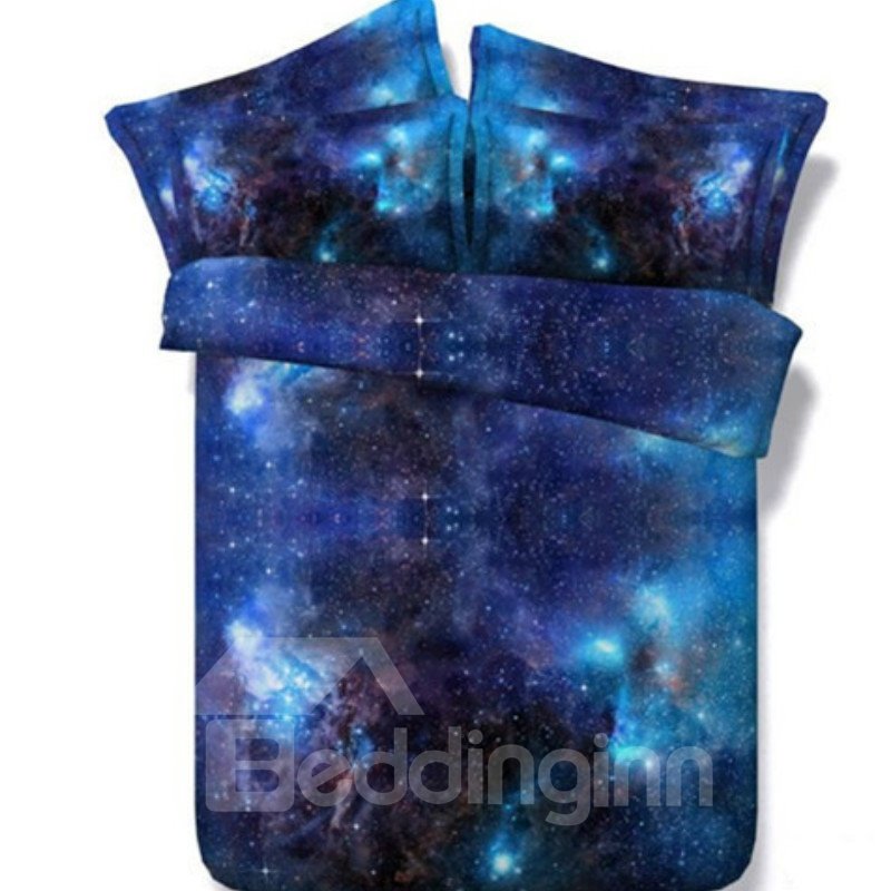 Juego de edredón de 5 piezas azul con impresión digital de galaxia brillante 3D, juego de cama de poliéster 