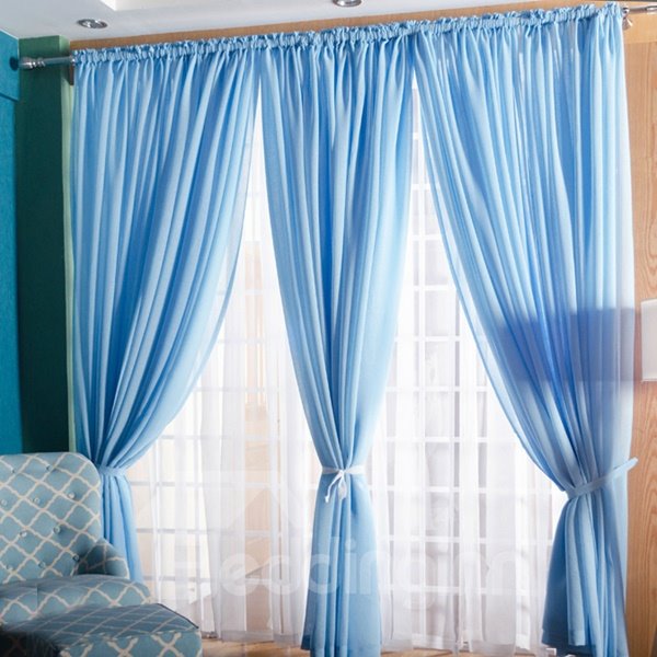 Concise Solid Lemon Sky Blue One Panels Custom Sheer Curtain