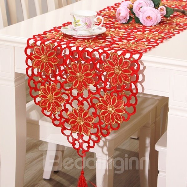 Wunderschöner dekorativer Tischläufer aus rotem Polyester mit Blumenmuster für das Esszimmer 