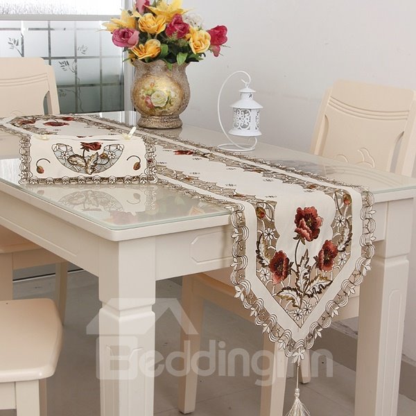 Rectangle Polyester Embroidery Flower Design Home Decoration Table Runner