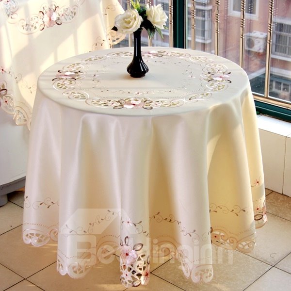 Beige Round Polyester Embroidery Flower Lace Pattern Home Decorative Table Runner