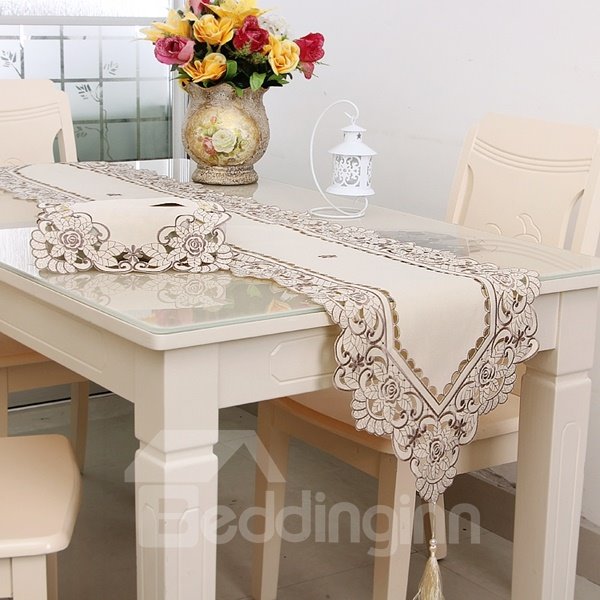 Brown Embroidery Flower Lace Crochet Polyester Dining Table Runner