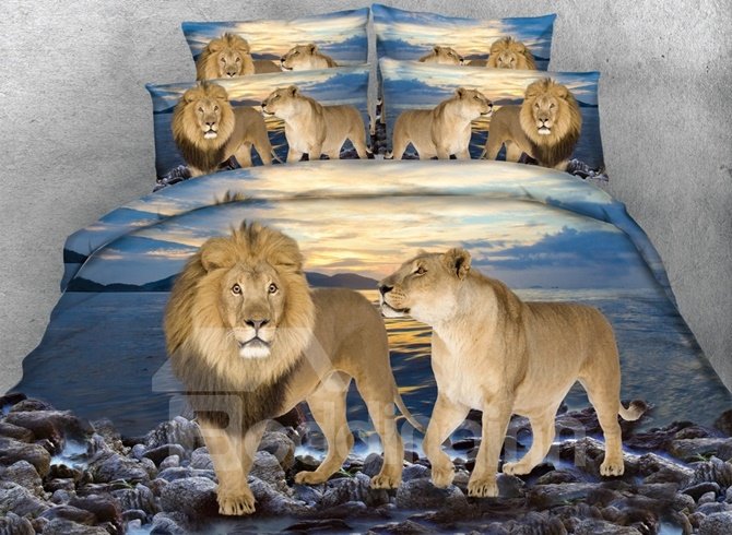 4-teilige 3D-Bettwäsche-Sets/Bettbezüge aus bedrucktem Polyester mit Löwenpaar und blauem Ozean