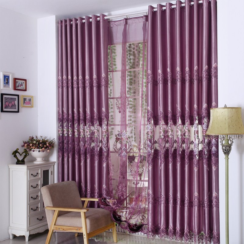 Cortina superior con ojal floral bordado púrpura de lujo de estilo europeo