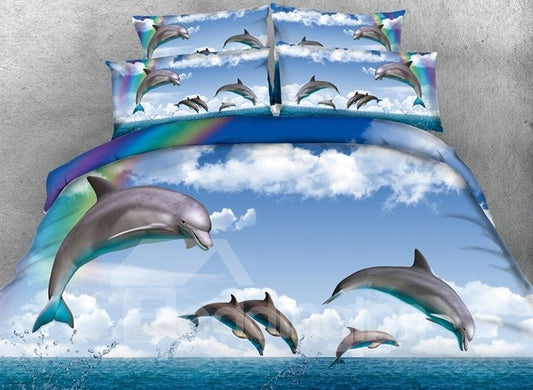 5-teiliges Bettdecken-/Bettwäsche-Set mit 3D-Druck, springender Delfin und Regenbogen 