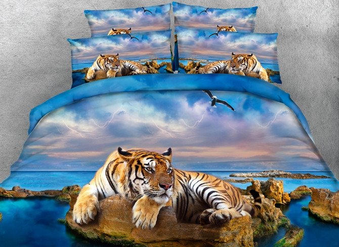 Imperial 3D Tiger Animal Print 5-teiliges Bettdecken-Set/Bettwäsche-Set aus Polyester 