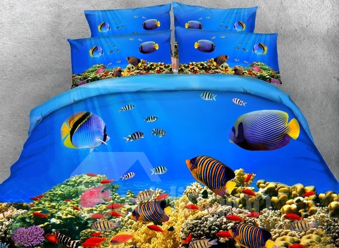 Juego de edredón/juego de cama azul de 5 piezas con estampado de acuario de peces en 3D de colores, poliéster suave y agradable para la piel 