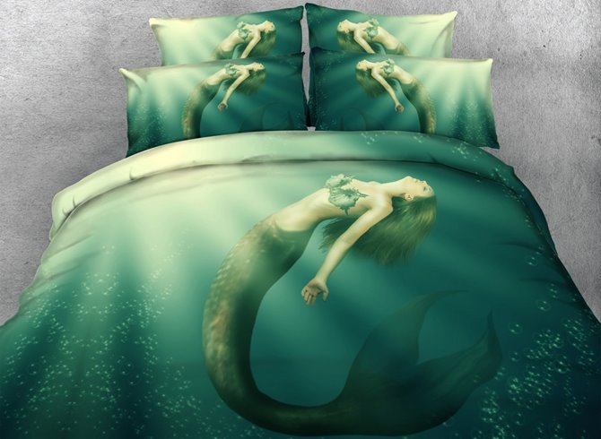 Meerjungfrau im Meer bedruckte 3D-4-teilige Bettwäsche-Sets/Bettbezüge aus Polyester