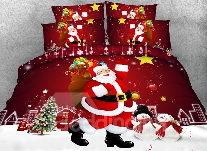 Christmas Santa Claus Printed Polyester 4-Piece 3D Red Bedding Sets/Duvet Covers Polyester