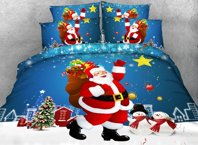 Smiling Santa Claus and Snowman Printed Polyester 3D 4-Piece Bedding Sets/Duvet Covers