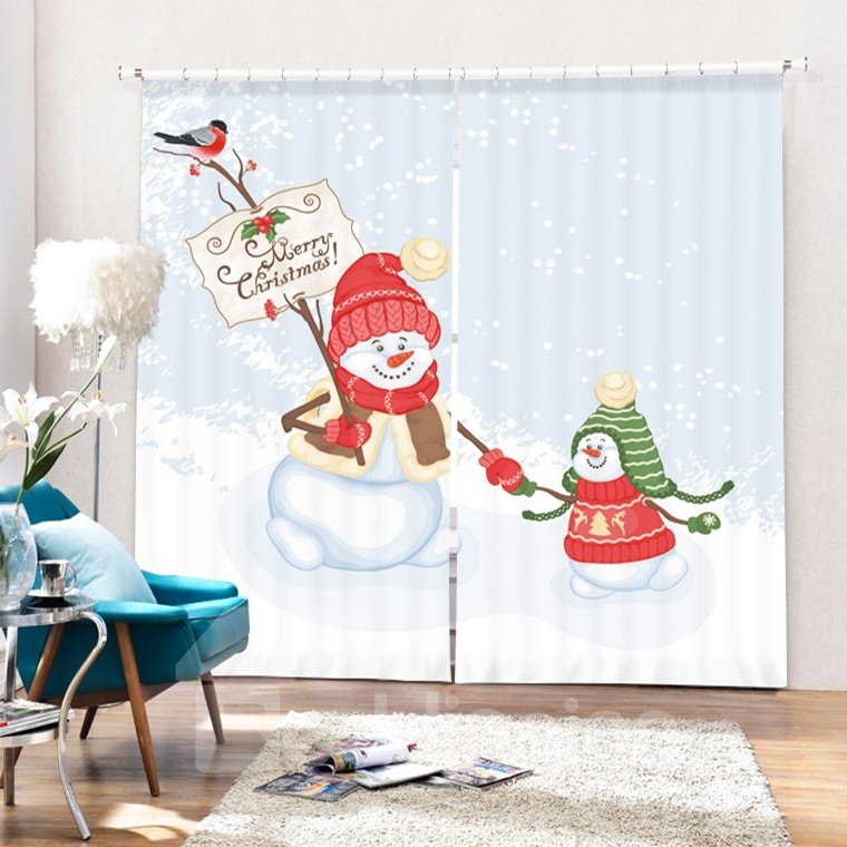 Snowmen Playing Together Printing Christmas Theme 3D Curtain