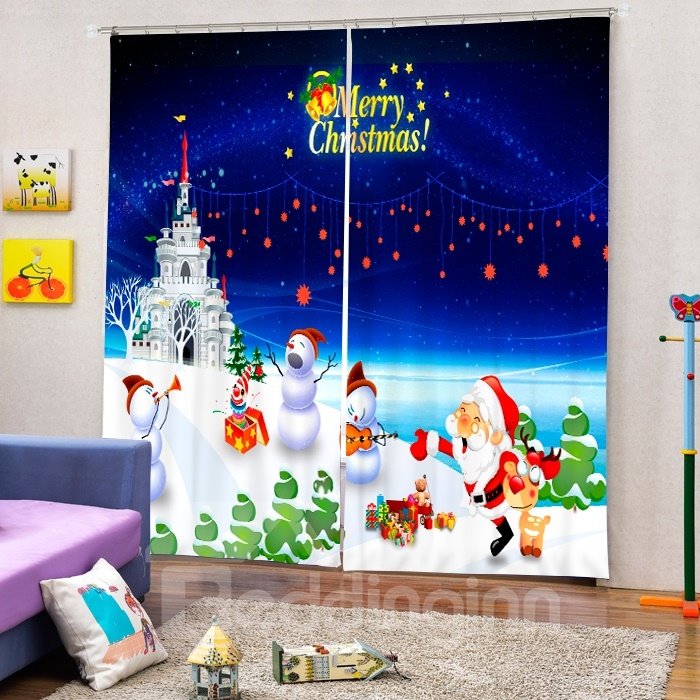 Santa and Snowmen Having a Party Printing Christmas Theme 3D Curtain