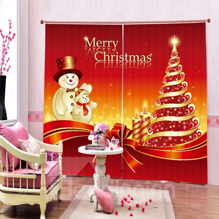 Cartoon Snowman Father and Son Printing Christmas Theme 3D Curtain