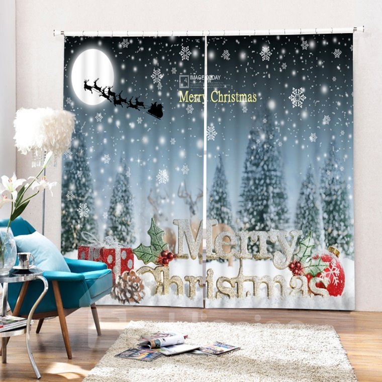 Aesthetic Snow Scene and Merry Christmas Printing 3D Curtain