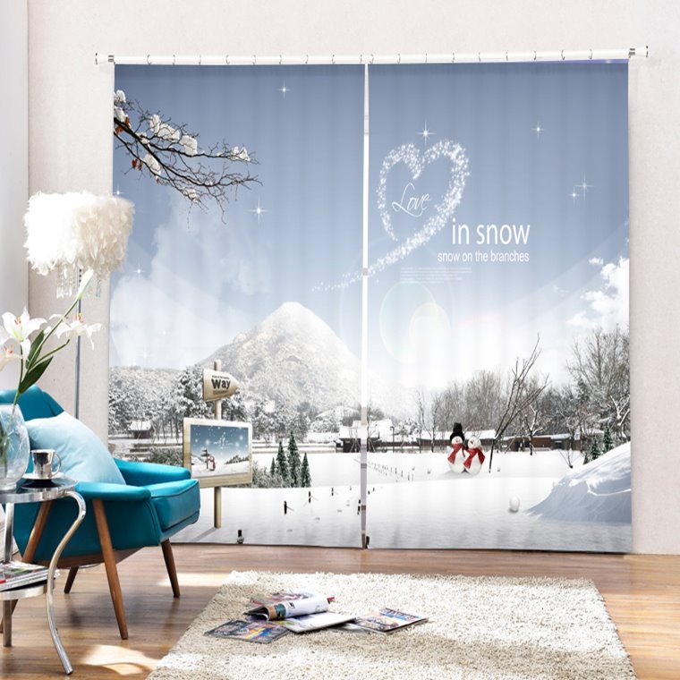 Couple Snowmen Love in Snow Printing Christmas Theme 3D Curtain