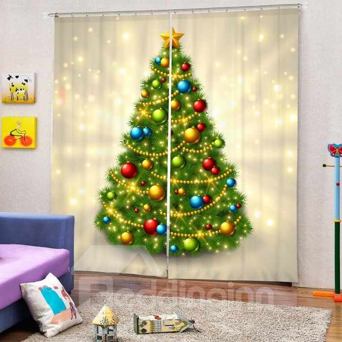 Flaring Christmas Tree with Decors Printing Christmas Theme 3D Curtain