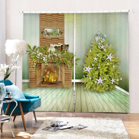 Fireplace and Christmas Tree Printing Christmas Theme 3D Curtain