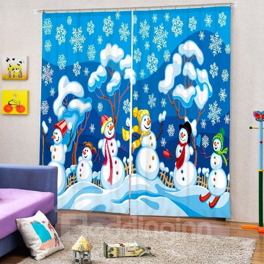 Happy Snowmen Playing Printing Christmas Theme 3D Curtain