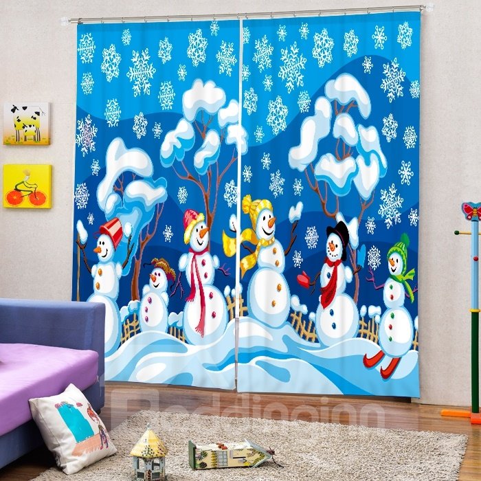 Muñecos de nieve felices jugando con la impresión de la cortina 3D del tema navideño