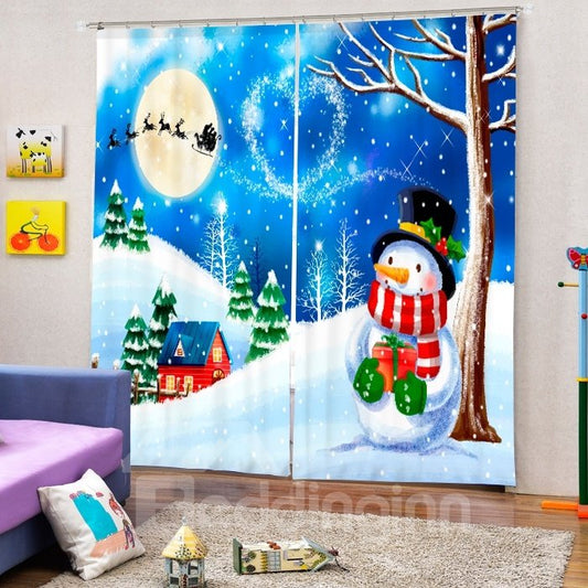 Cartoon Snowman under the Tree in Snowy Weather Christmas Theme Custom 3D Curtain