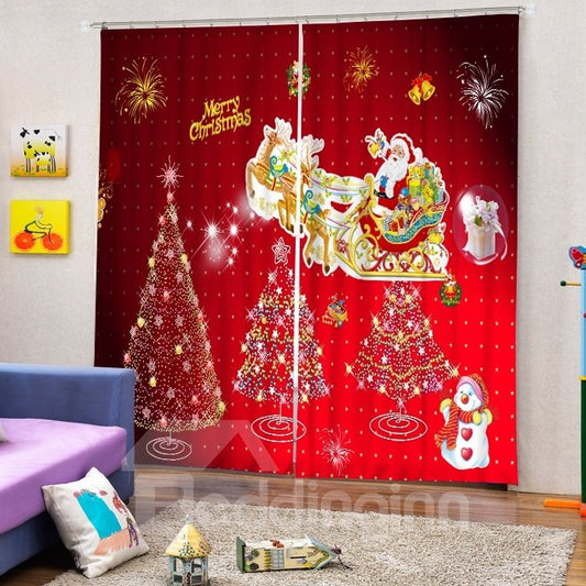 Niedlicher Weihnachtsmann auf Rentieren und Weihnachtsbäumen, bedruckter individueller 3D-Fenstervorhang