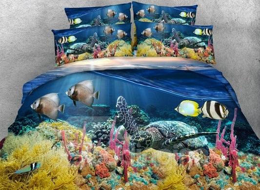 4-teilige 3D-Bettwäsche-Sets/Bettbezüge aus Polyester mit Meeresschildkröten-Aufdruck