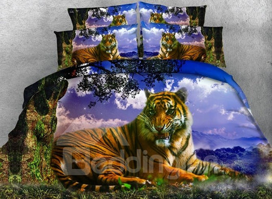 3D-Bettwäsche-Set/Bettbezug-Set mit liegendem Tiger und Baum, 4-teilig, aus Polyester